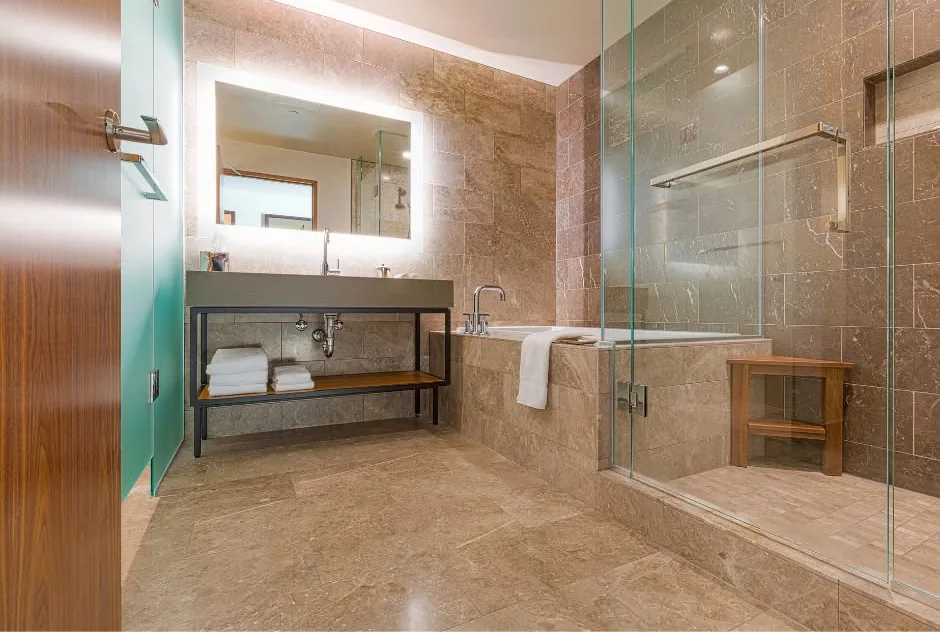 Newly remodeled bathroom with custom tile shower and modern vanity in Southern Utah