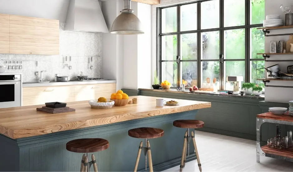 Modern kitchen remodel with wood island by One Stop Construction in Southern Utah